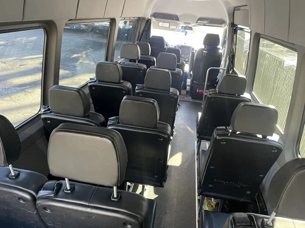 Mercedes Sprinter rear cabin—leather seating and passenger space